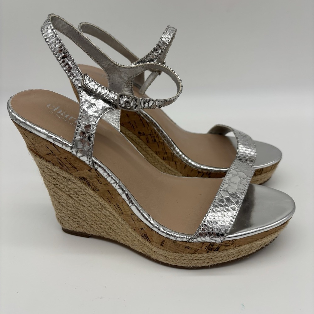 Charles David Sandals Size 8 Silver Leather Snakeskin Cork Platform Wedge‎